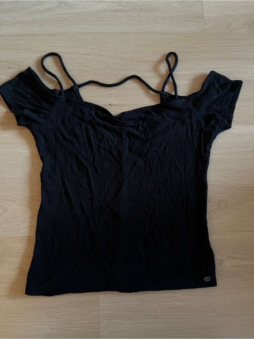 American Eagle Outfitters Black Ribbed Off-Shoulder Tank with Spaghetti Straps